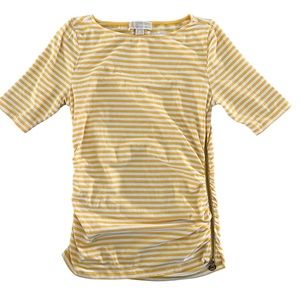 Michael Kors Yellow/White Striped Ruched Sides Zipper Shirt Sleeve Stretchy Sz M